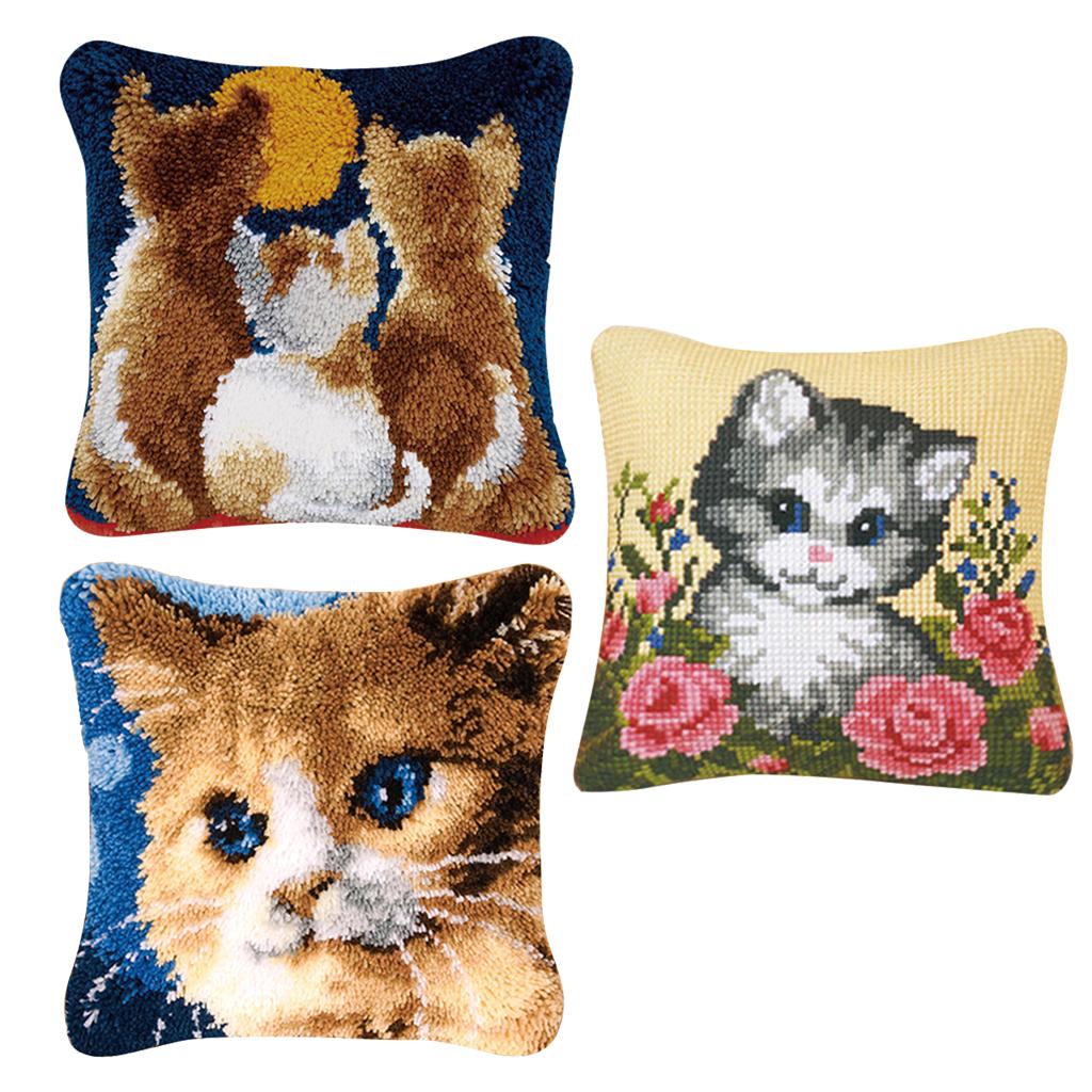 3 Set Pillows Latch Hook Kits Material Package for Beginners Cat Pattern