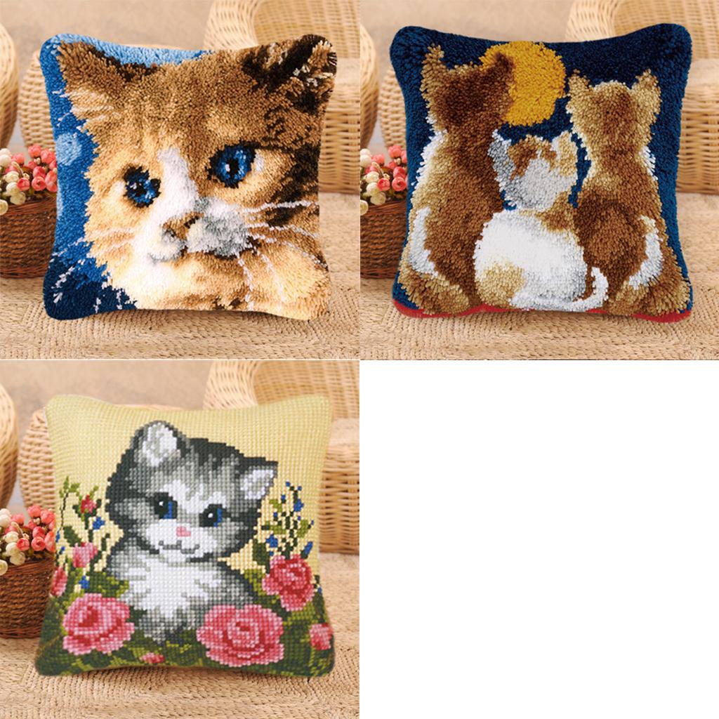 3 Set Pillows Latch Hook Kits Material Package for Beginners Cat Pattern