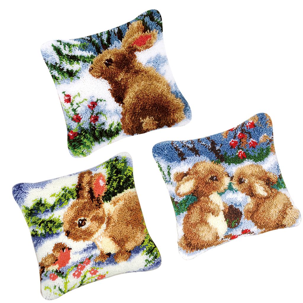 3 Set Latch Hook Kits for DIY Pillow Cover Sofa Cushion Cover Rabbit Pattern