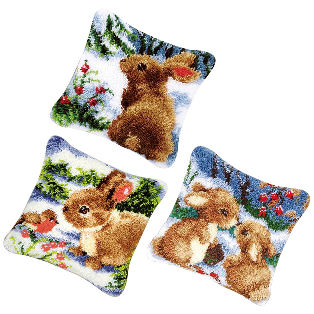 3 Set Latch Hook Kits for DIY Pillow Cover Sofa Cushion Cover Rabbit Pattern