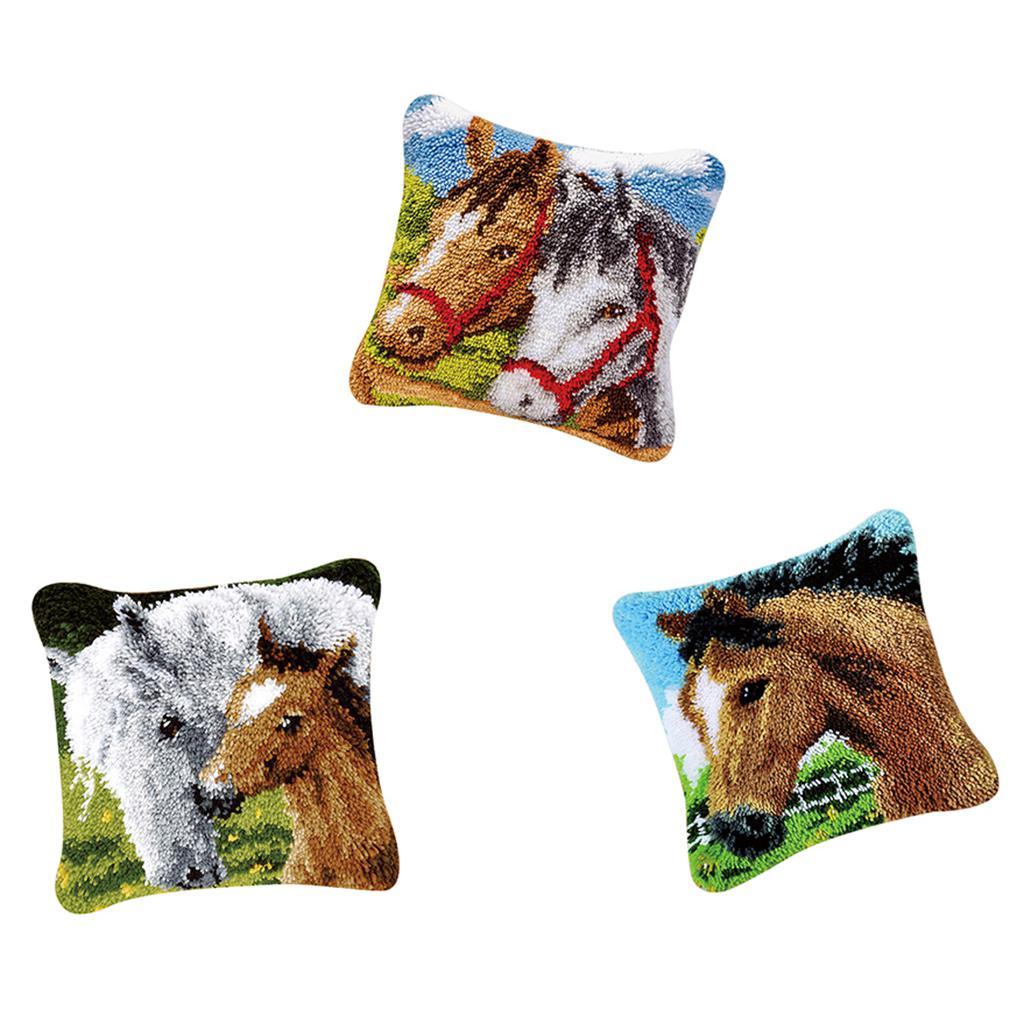 3 Set Latch Hook Kits for DIY Pillow Cover Sofa Cushion Cover 43x43cm Horse