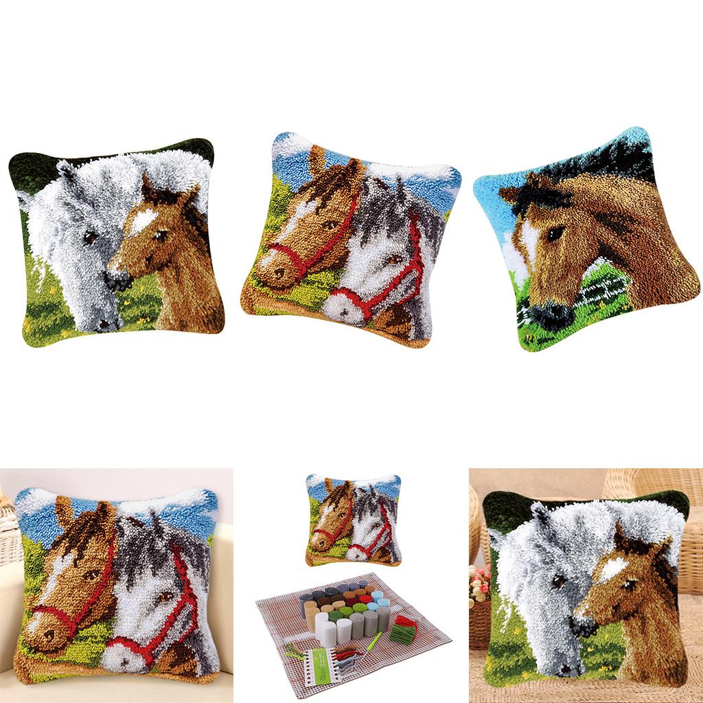 3 Set Latch Hook Kits for DIY Pillow Cover Sofa Cushion Cover 43x43cm Horse