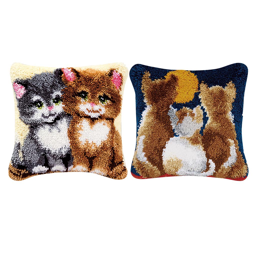 2 Set Pillows Cover Case Latch Hook Kits Material Package for Beginners Cat