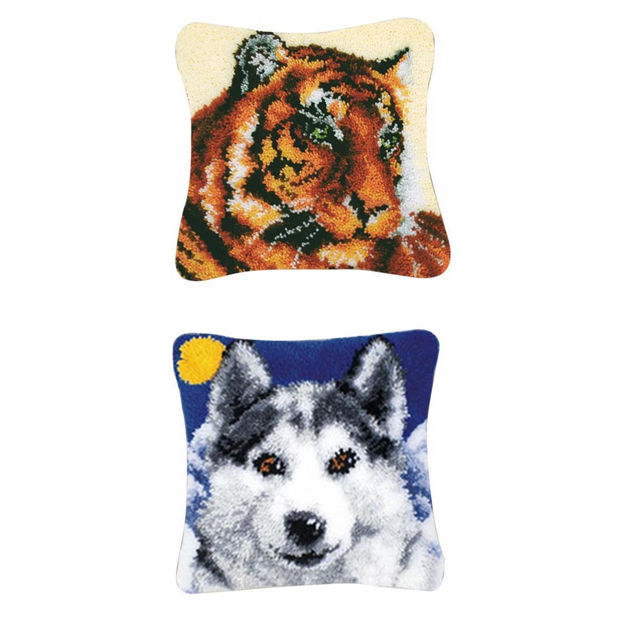 2 Set DIY Pillow Cover Latch Hook Kits Animal Pattern 43x43cm Wolf & Tiger