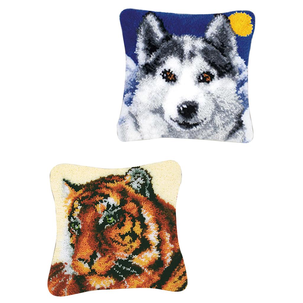 2 Set DIY Pillow Cover Latch Hook Kits Animal Pattern 43x43cm Wolf & Tiger