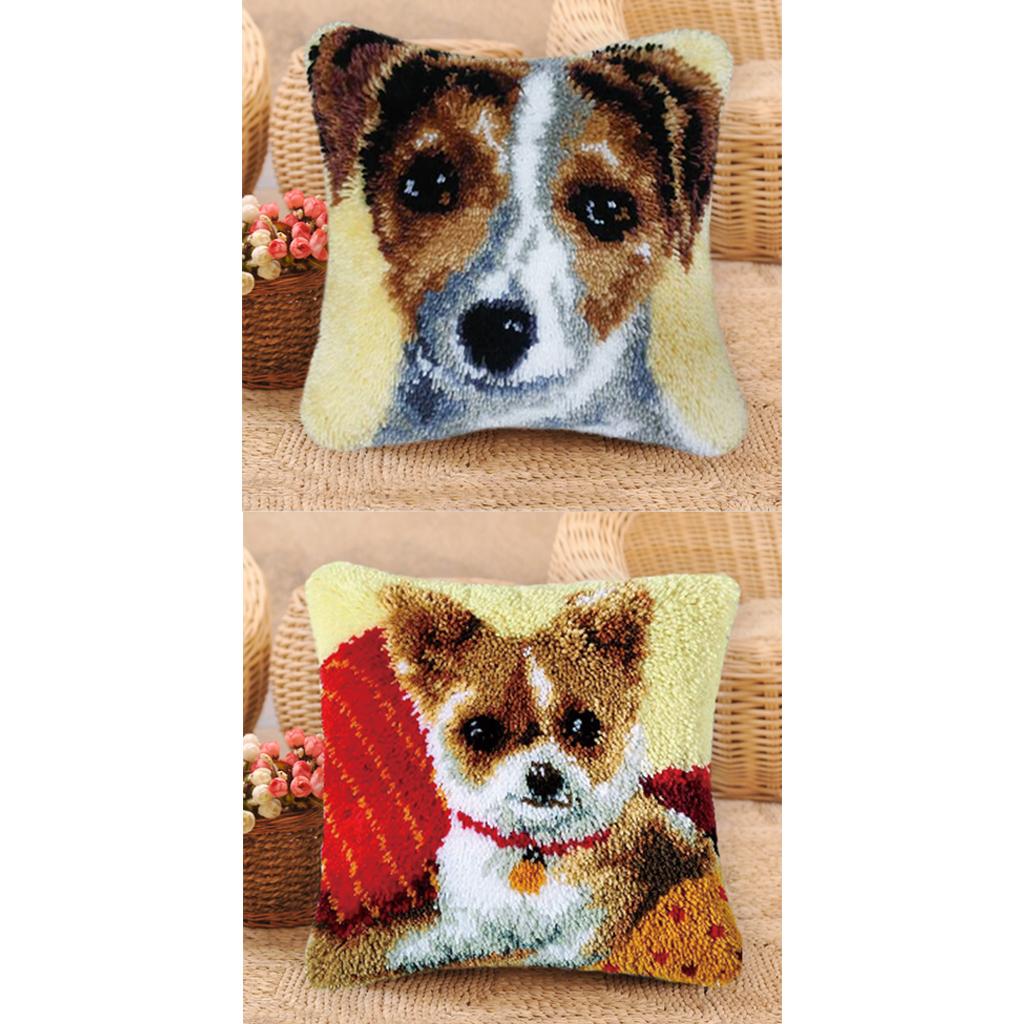 2 Set DIY Pillow Cover Latch Hook Kits for Beginner Animals Pattern Dog