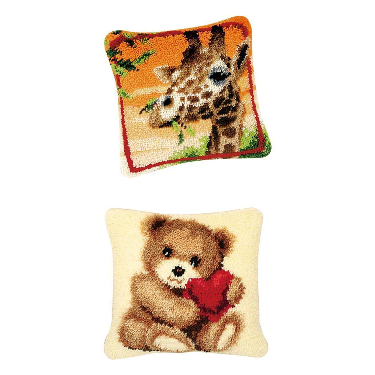 2 Set DIY Pillows Cover Latch Hook Kits for Beginners Giraffe & Bear Pattern