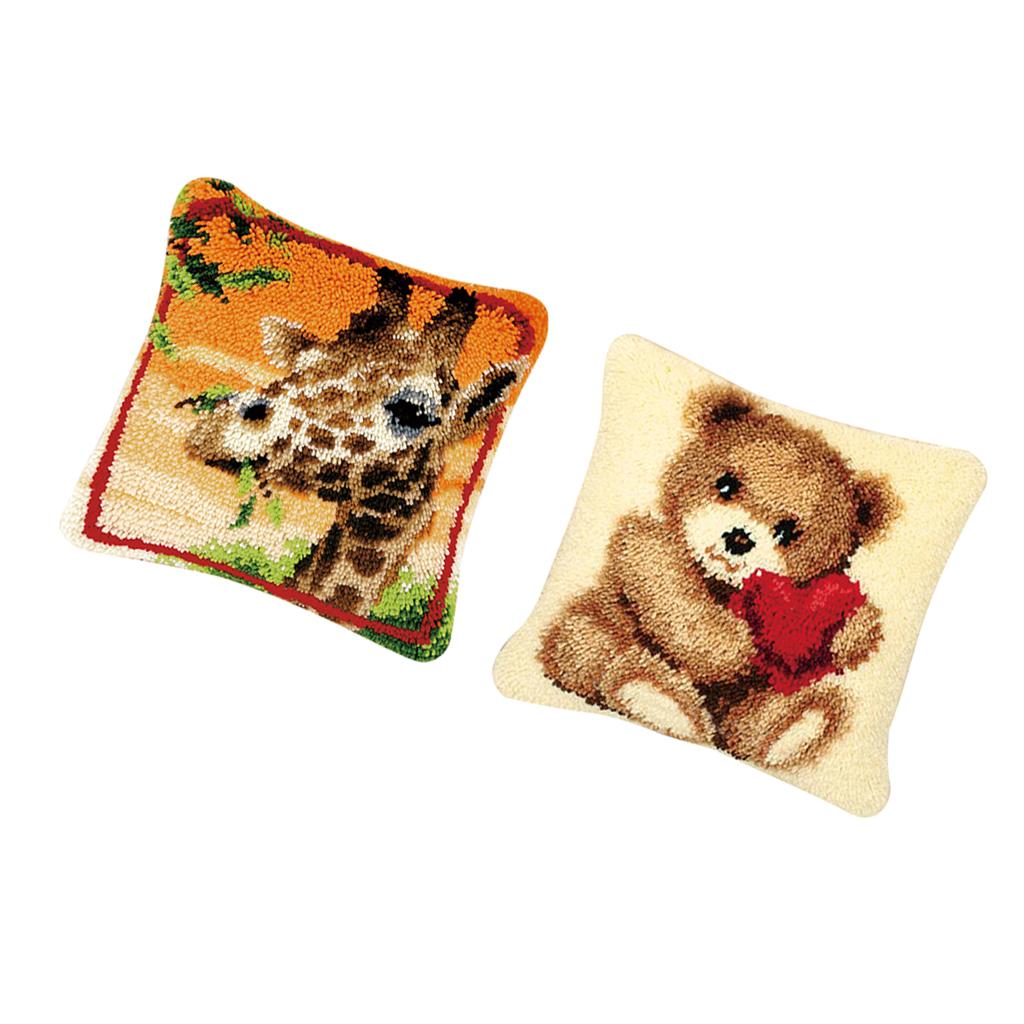 2 Set DIY Pillows Cover Latch Hook Kits for Beginners Giraffe & Bear Pattern