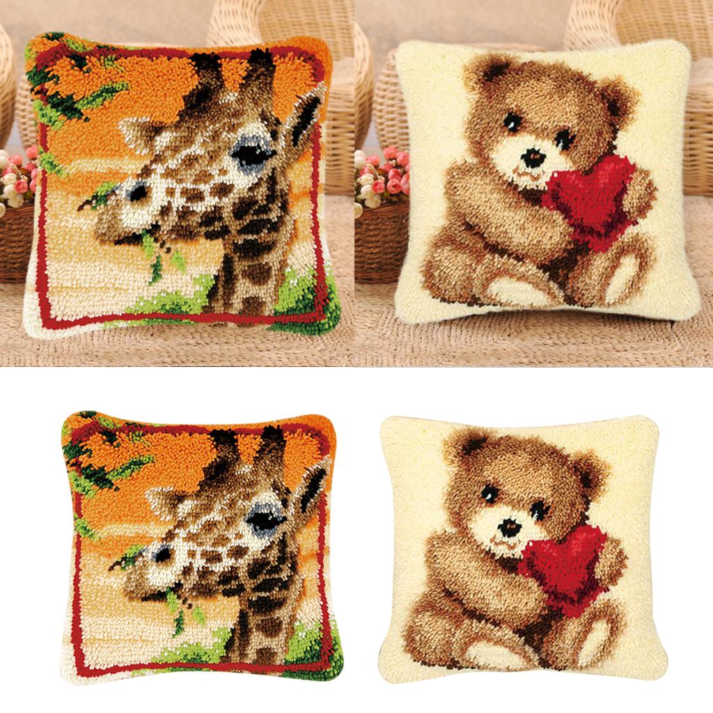 2 Set DIY Pillows Cover Latch Hook Kits for Beginners Giraffe & Bear Pattern