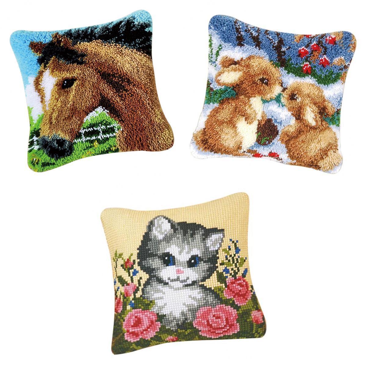 3 Sets Animals Latch Hook Kits for Kids DIY Pillow Cover Sofa Cushion Cover