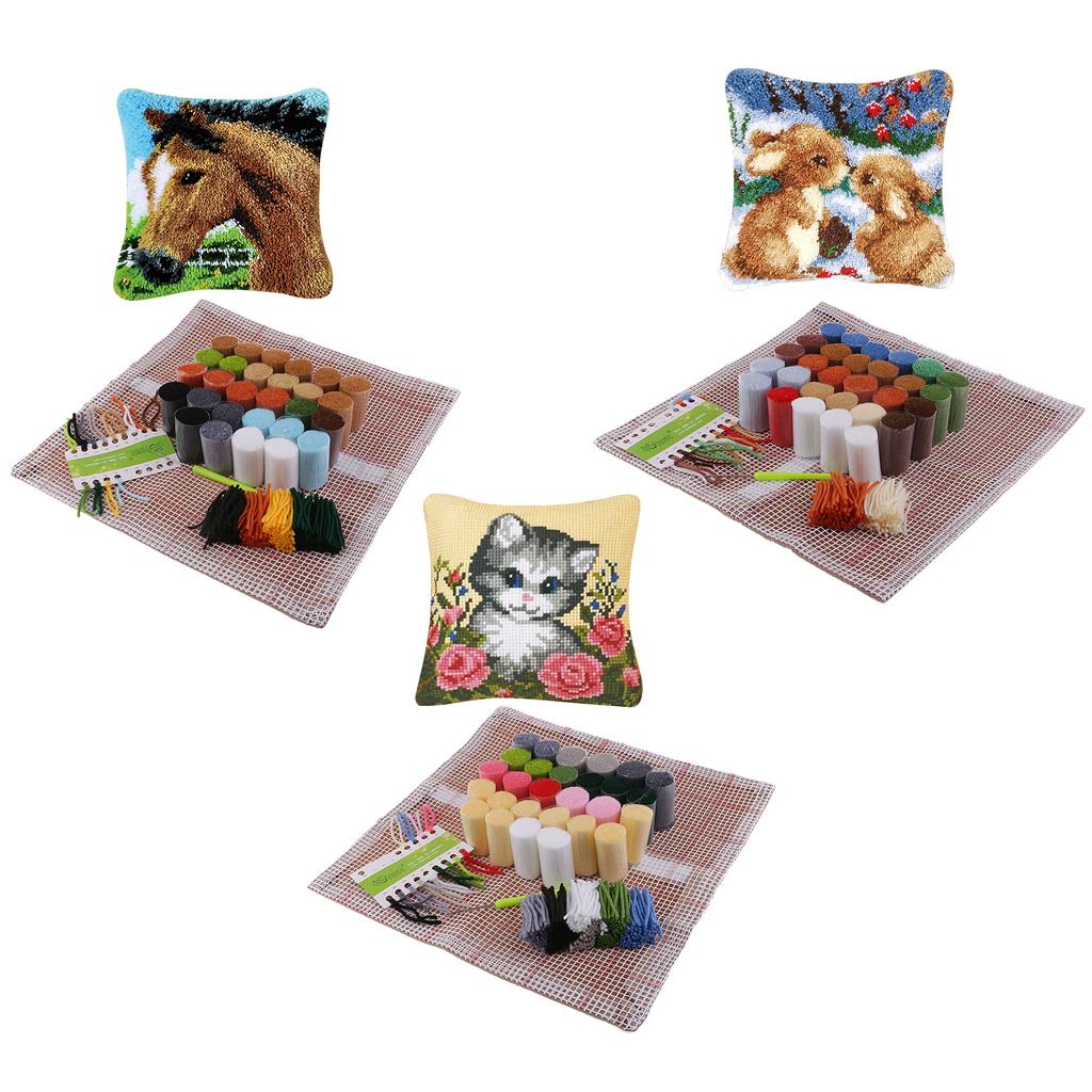 3 Sets Animals Latch Hook Kits for Kids DIY Pillow Cover Sofa Cushion Cover