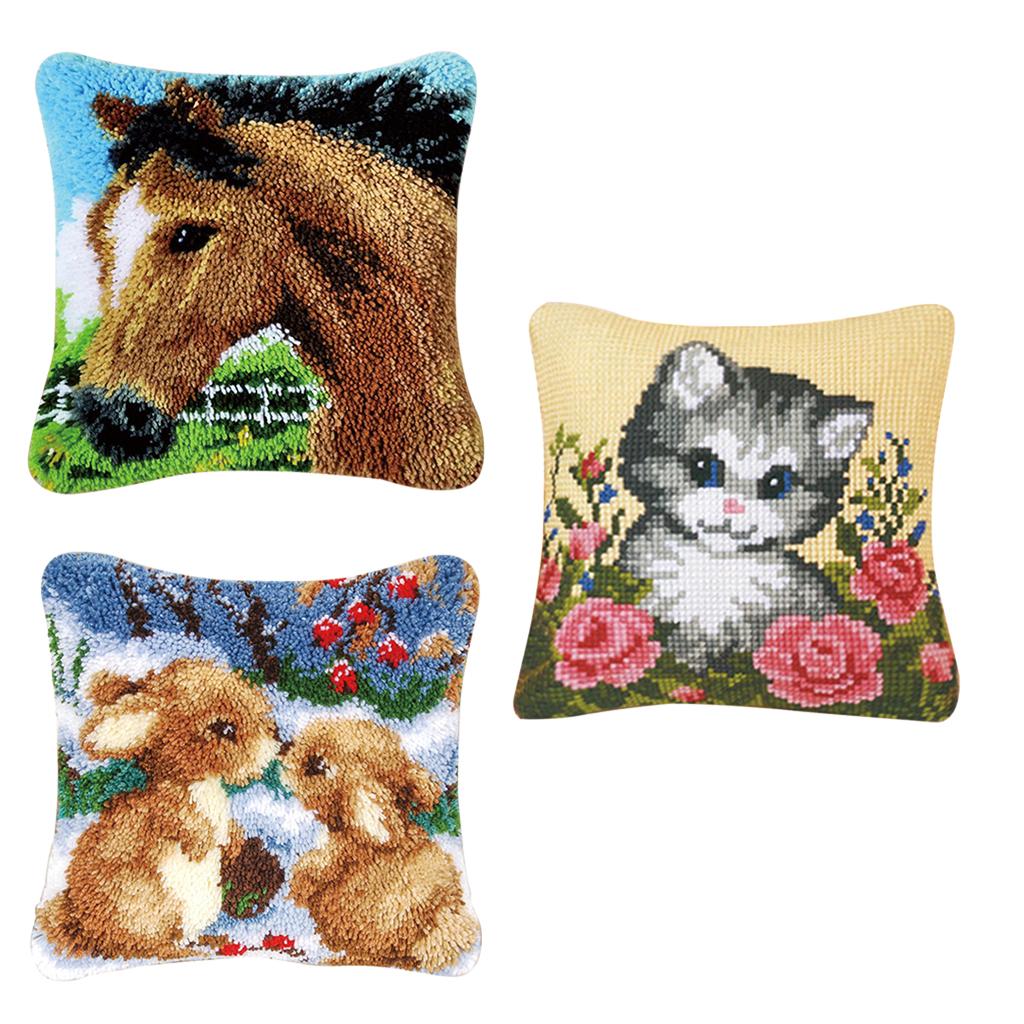 3 Sets Animals Latch Hook Kits for Kids DIY Pillow Cover Sofa Cushion Cover