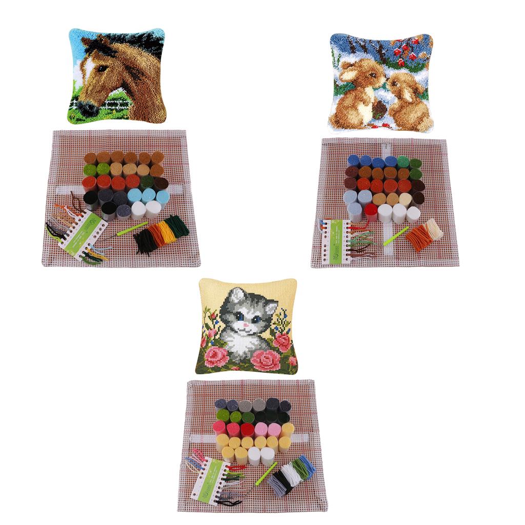 3 Sets Animals Latch Hook Kits for Kids DIY Pillow Cover Sofa Cushion Cover