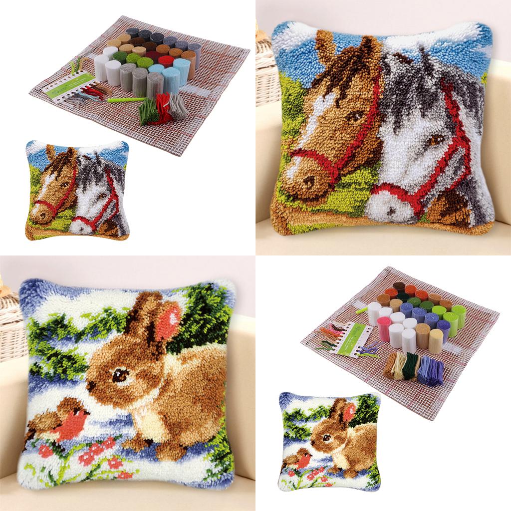 2 Sets Rabbit Horse Latch Hook Kits for DIY Pillow Cover Sofa Cushion Cover