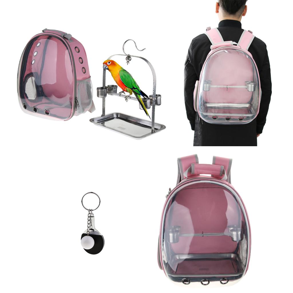 Clear Cover Travel Bird Parrot Cage Carrier with Set Stand Perch Cup Pink
