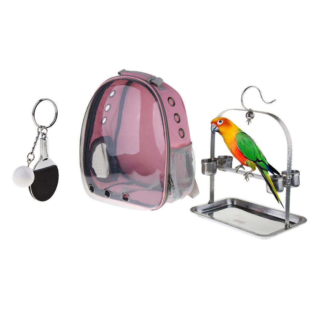 Clear Cover Travel Bird Parrot Cage Carrier with Set Stand Perch Cup Pink