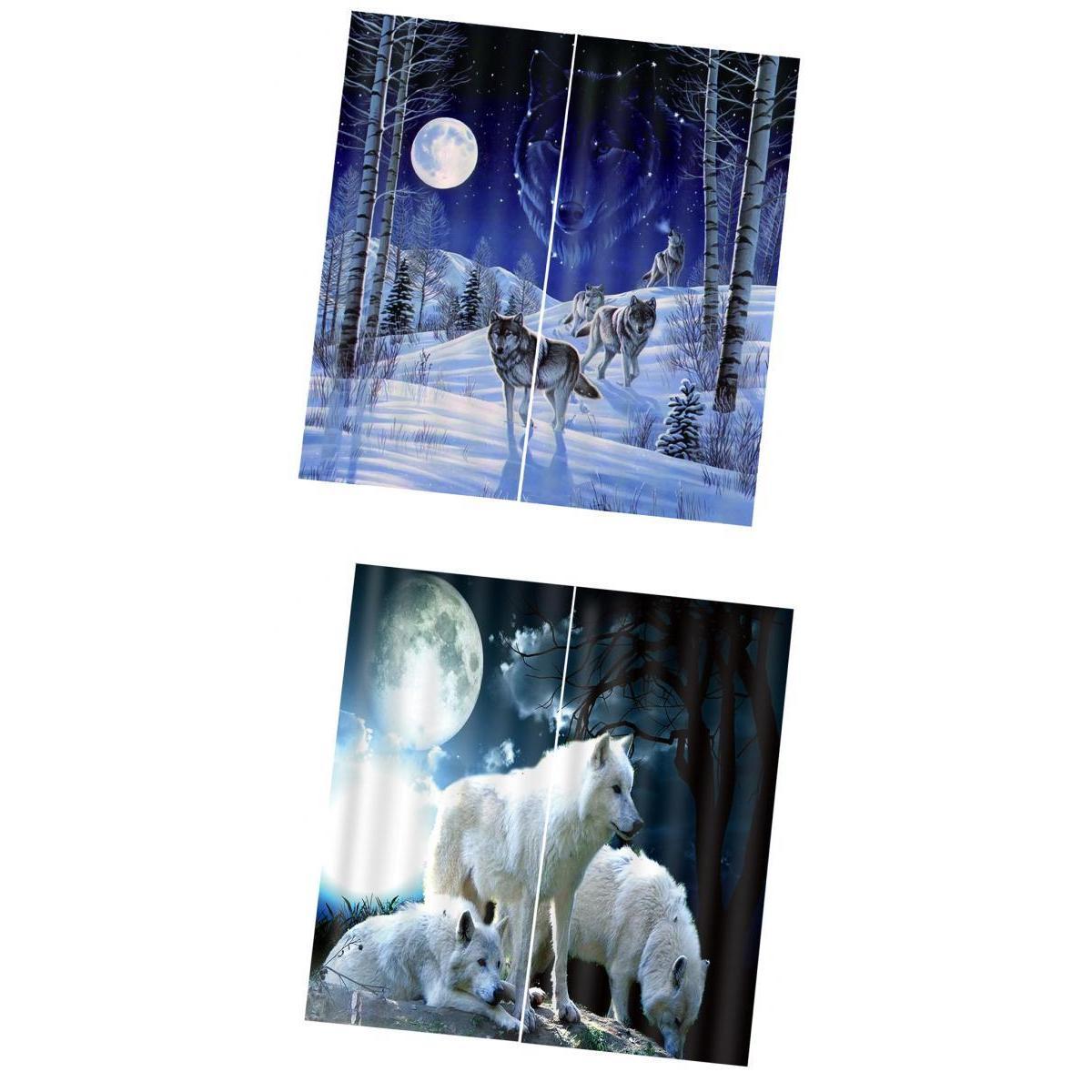 2 Set Moon Wolf ~Teen Animal Decor 3D Print Window Curtain Drapes
