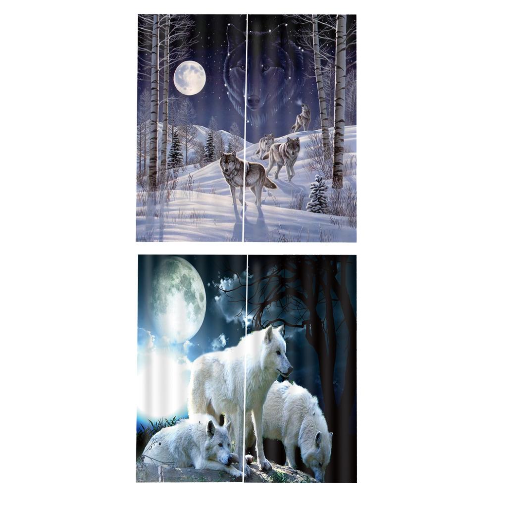 2 Set Moon Wolf ~Teen Animal Decor 3D Print Window Curtain Drapes