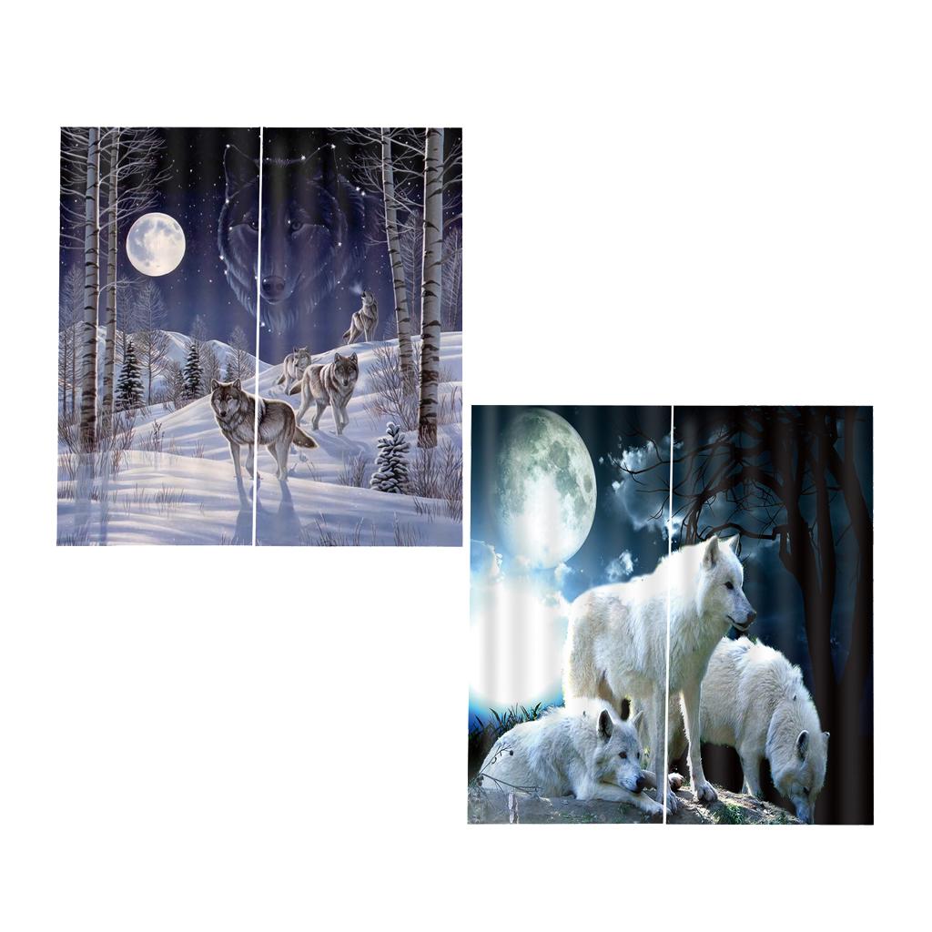 2 Set Moon Wolf ~Teen Animal Decor 3D Print Window Curtain Drapes