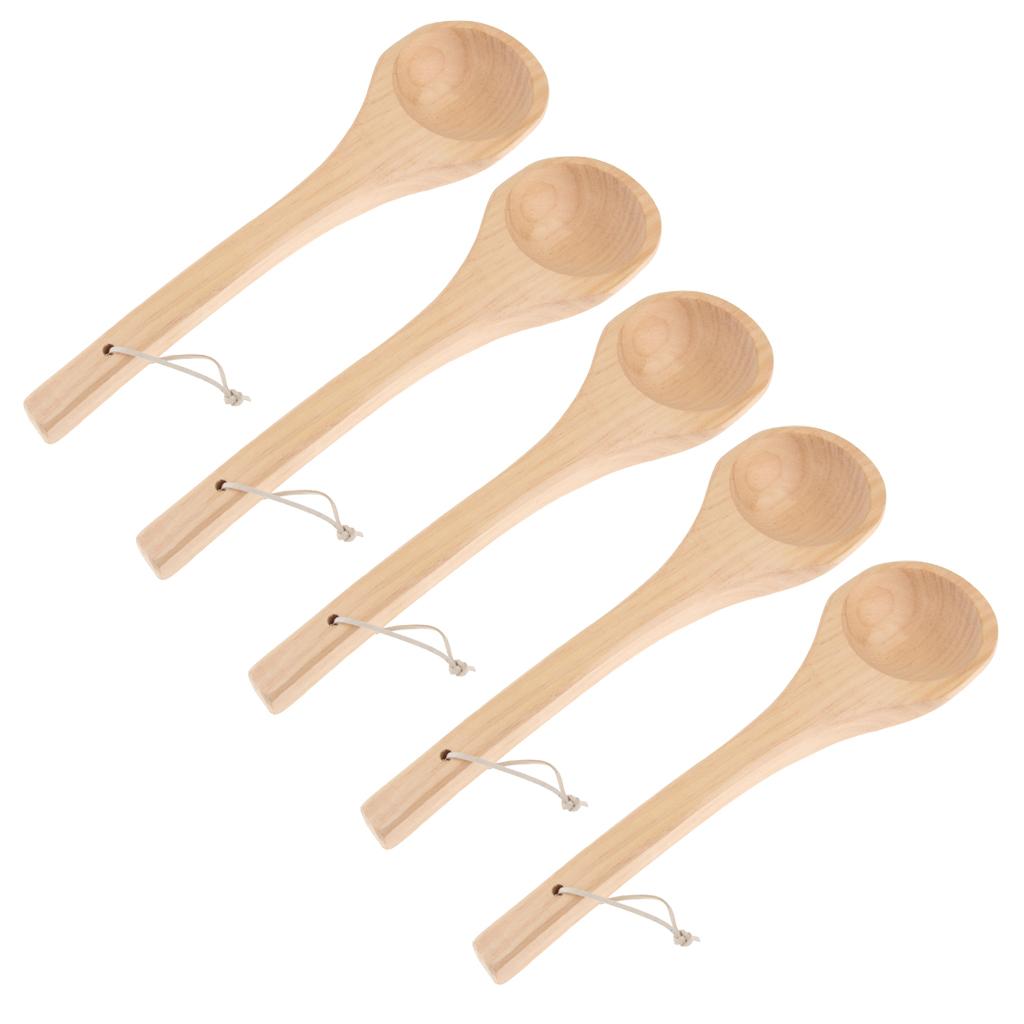 5Pcs Straight Long Handle Wooden Spoon Wooden Sauna Ladle Kitchen Soup Spoon