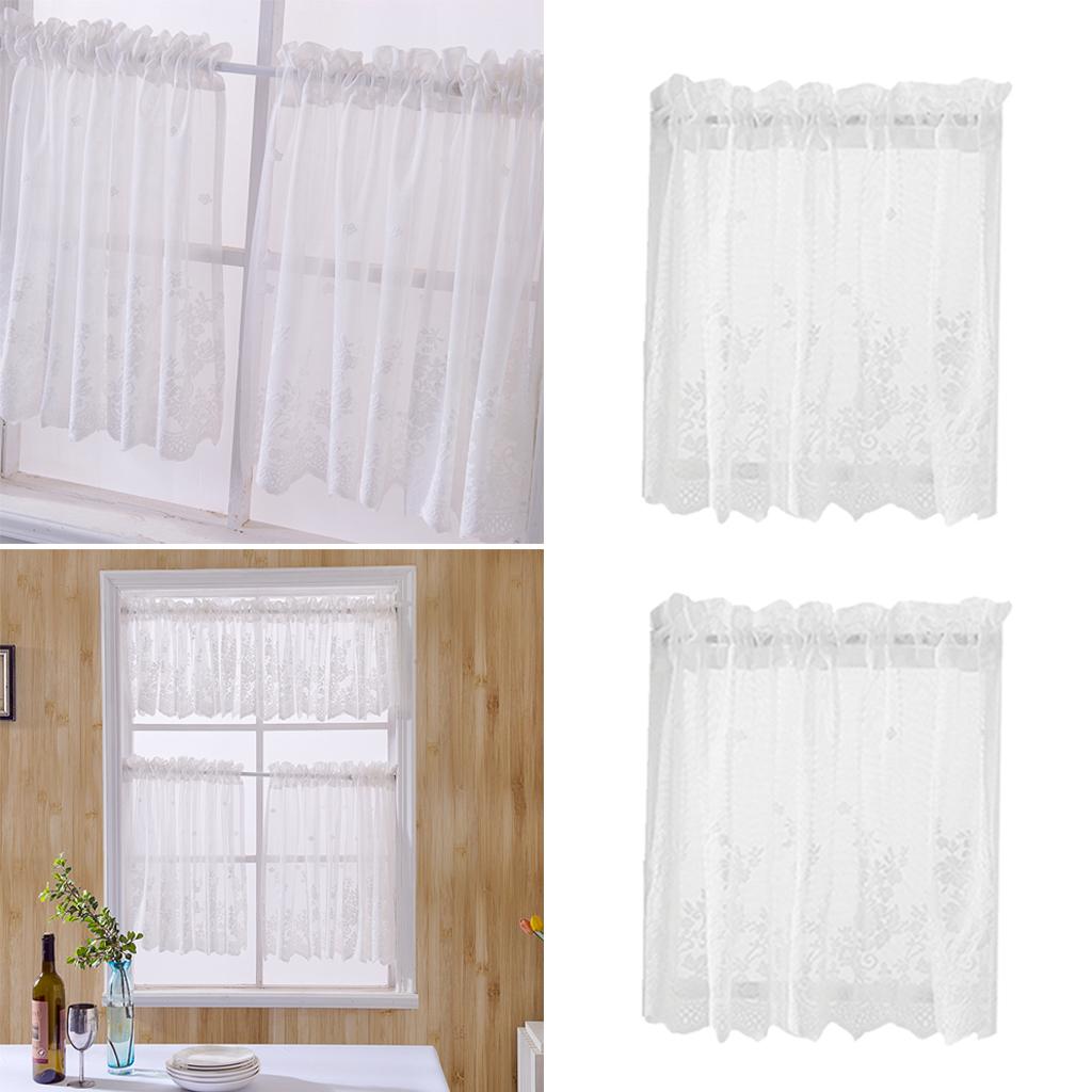 4Pcs Embroidered Lace Window Voile Sheer Curtain Valance Tiers 74x61cm White