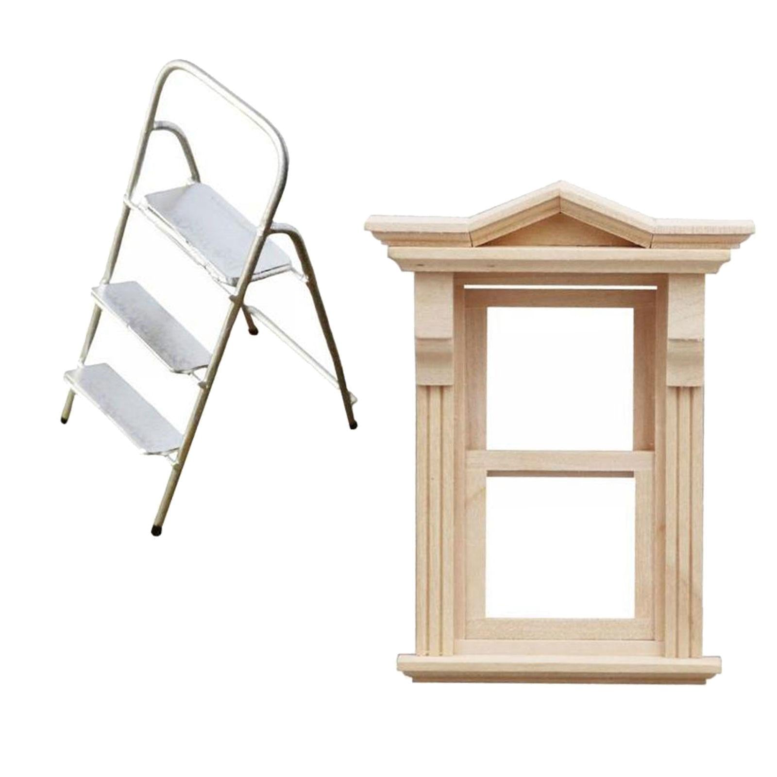 1: 12 Wooden Window Ladder Retro Dollhouse Furniture for Miniature Scene