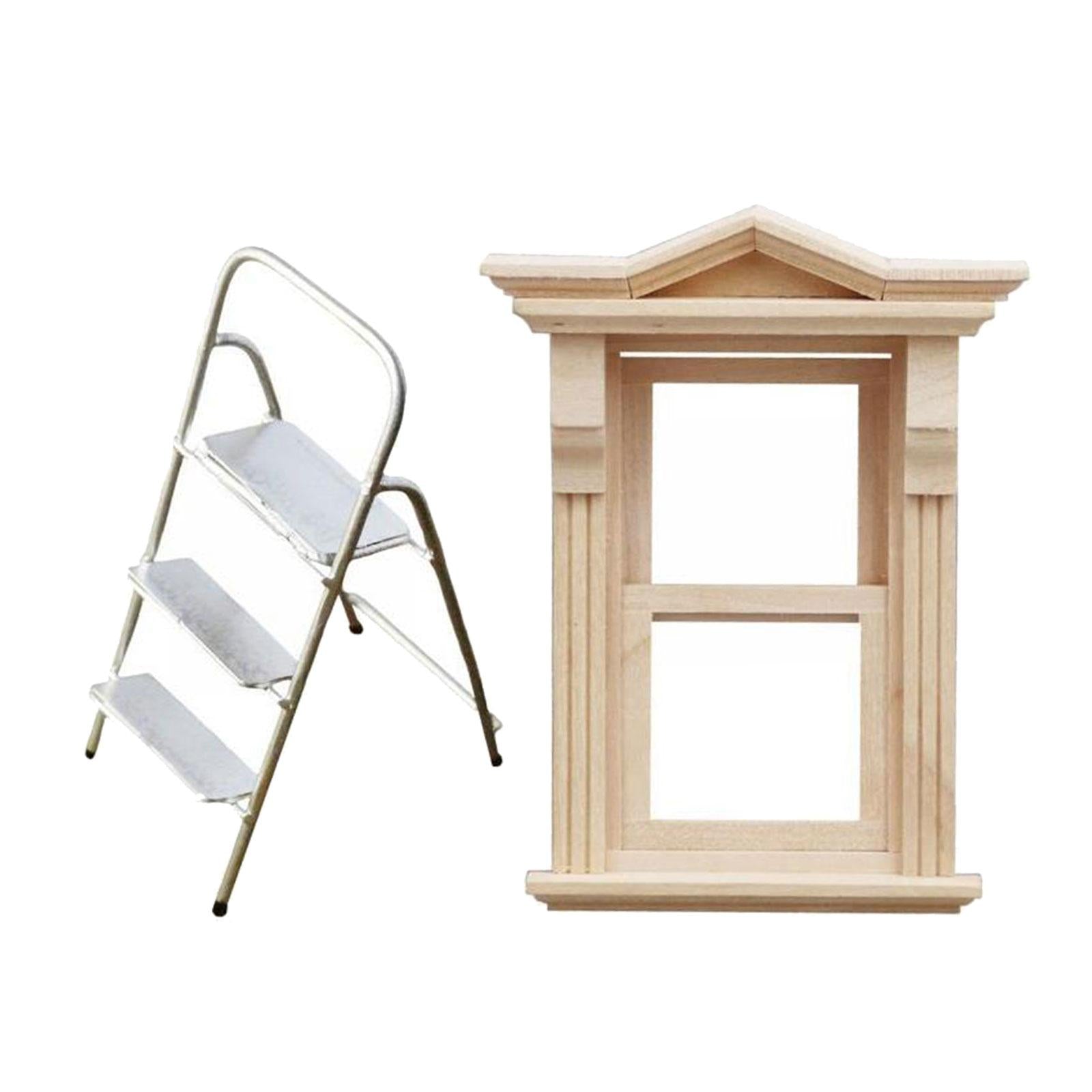 1: 12 Wooden Window Ladder Retro Dollhouse Furniture for Miniature Scene