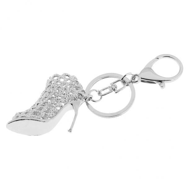 2xHigh Heel Shoes Keychains Rhinestone Keyring Women Handbag Key Holder Silver