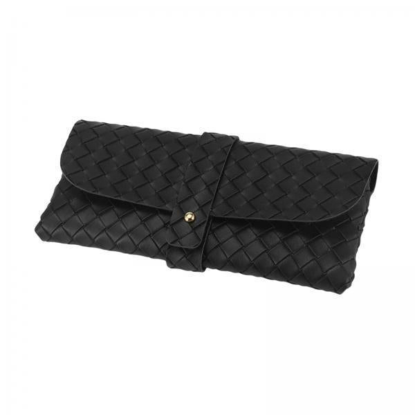 3xWoven PU Leather Glasses Case Button Closed Soft Glasses Pouch Bag for Women Black