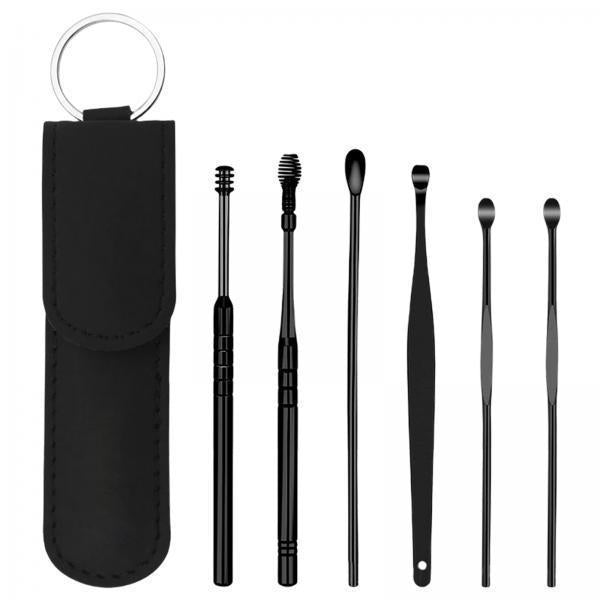 2x6Pcs Ear Wax Removal Tools Polished for Ear Cleaning with Leather Bag Black