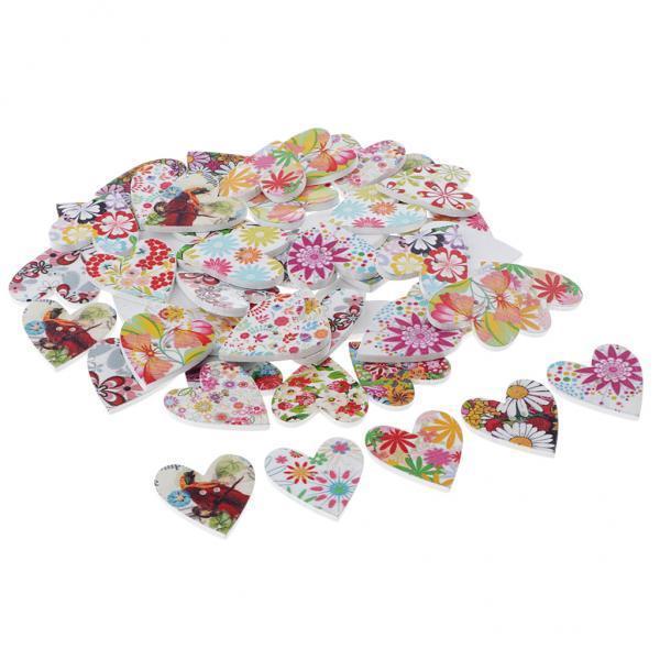 2x50 Pieces 28mm Heart Button Multi Color Flower Wooden Mini Button DIY Crafts