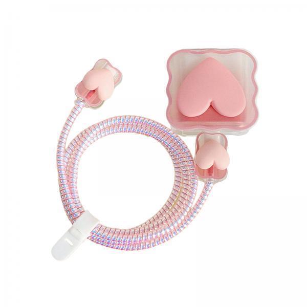 3xChargers Cable Protective Cover 4in1 3D Protective Case for Cell Phone Phone Love Pink