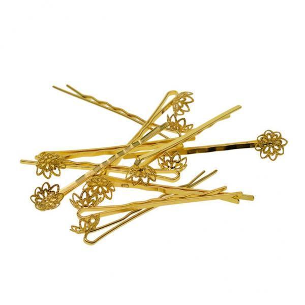 2x10x blank  Hair Clip Hair Pin Gothic Filigree  round Flower pearl base Gold