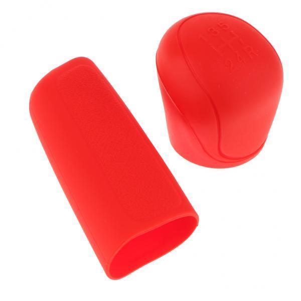 2x2Pcs Car Trunk Gear Head Shift Knob + Handbrake Cover Silicone Sleeve Red
