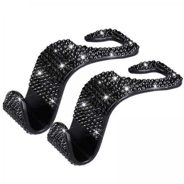 2x2Count Rhinestone Diamond Car Seatback Storage Hook Hanger Black