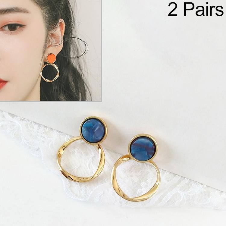 2 Pairs Twist Ring Resin Retro Metal Earrings for Women (Blue)