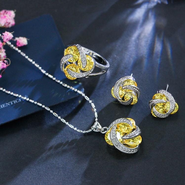 Fashion Cubic Zirconia Knot Earrings Necklace Ring Set for Women, Ring Size:7 (Yellow)