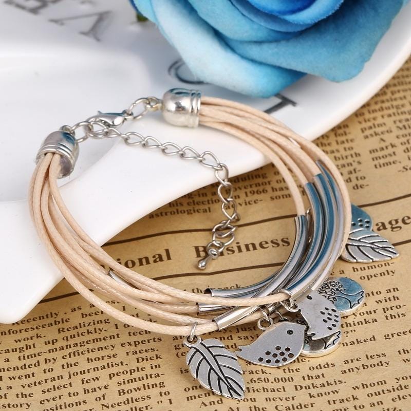 3PCS Silver Charm Leaves Tibetant Silver Multilayer Bracelets (Beige)