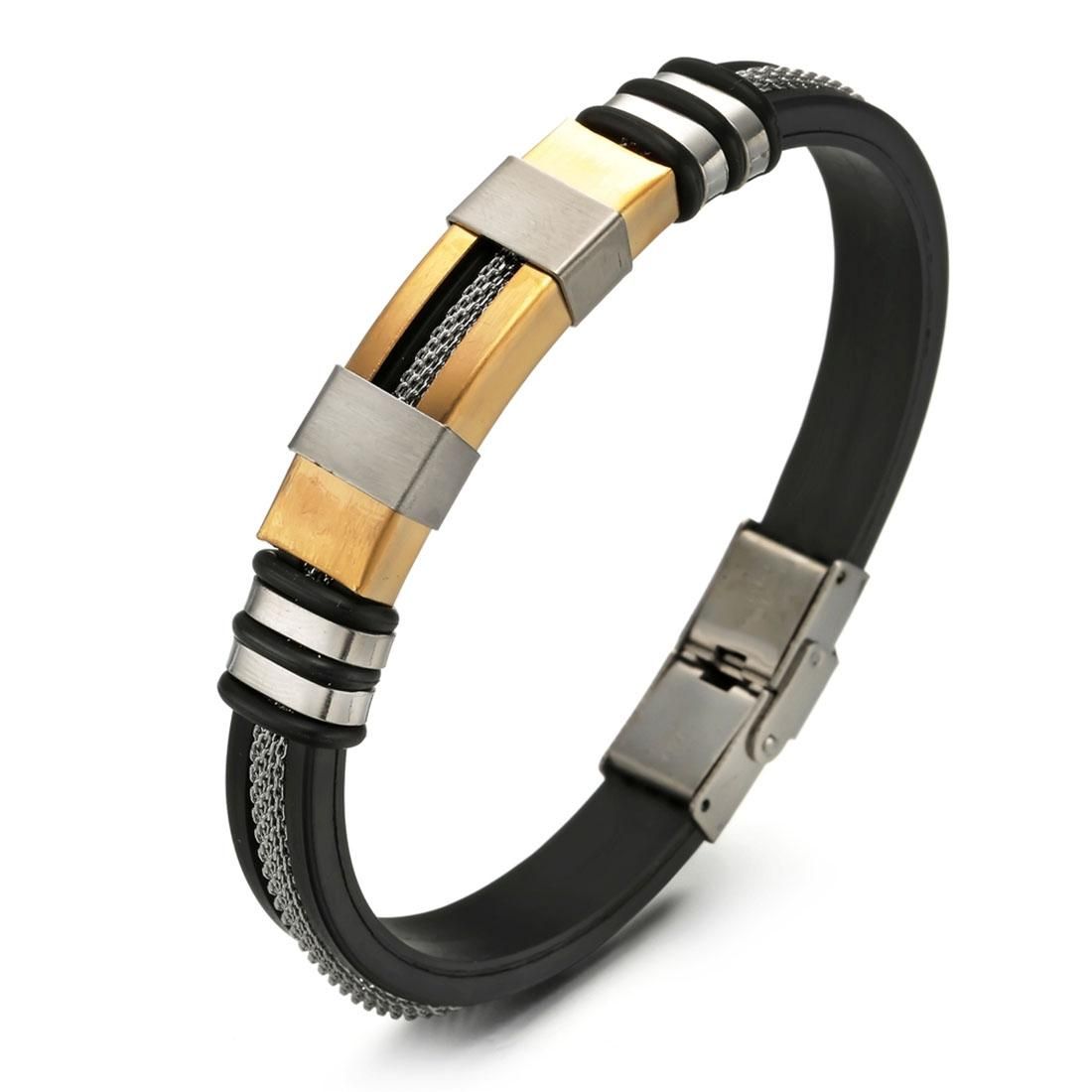 Fashion Men Jewelry Personality Leather Hand Chain Classic Three-color Interlayer Chain Titanium Steel Bracelet (Gold)