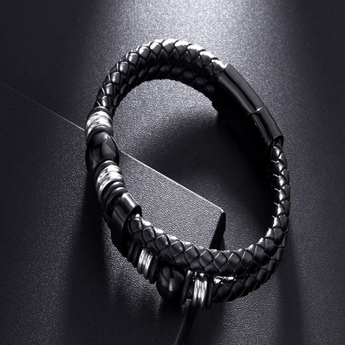 Mens Fashion Jewelry Dual Row Weave Braided Wristband Leather Bracelet, Size: 21.5cm (Black)