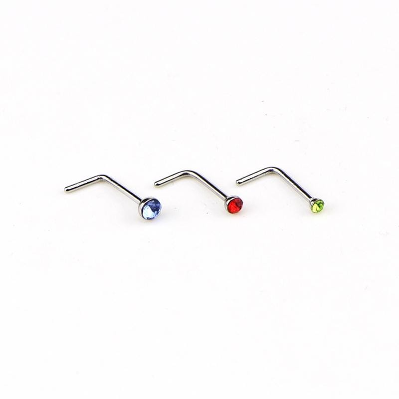 60 PCS Color Mixed Diamond Shape Stainless Steel Nose Stud Rings L Shaped Piercing Jewelry,Pin Length: 7 mm, pin diameter: 0.6 mm (White)