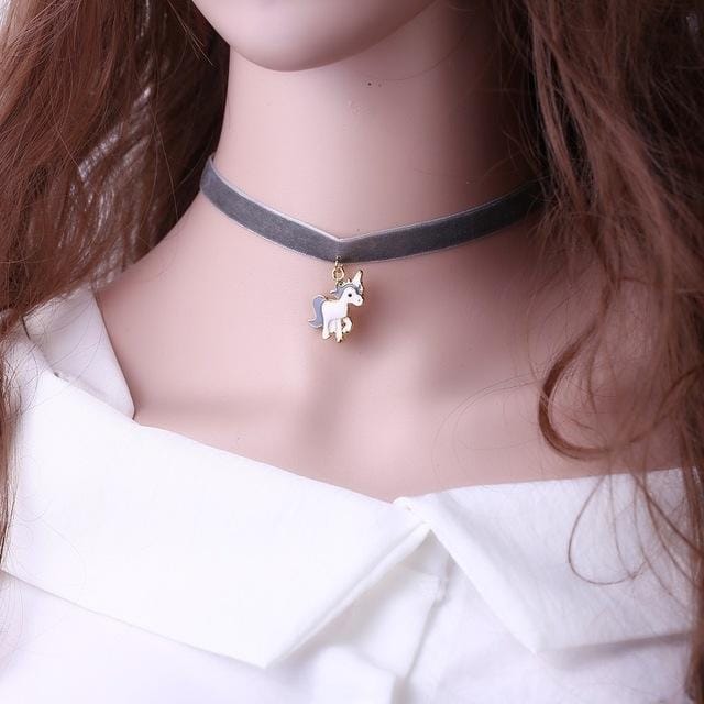 Women Animal Unicorn Lace Choker Necklace Pendant (Gray)