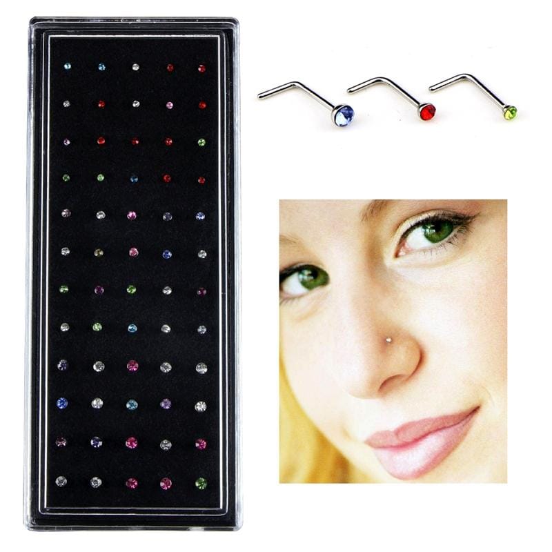 60 PCS Color Mixed Diamond Shape Stainless Steel Nose Stud Rings L Shaped Piercing Jewelry,Pin Length: 7 mm, pin diameter: 0.6 mm (White)