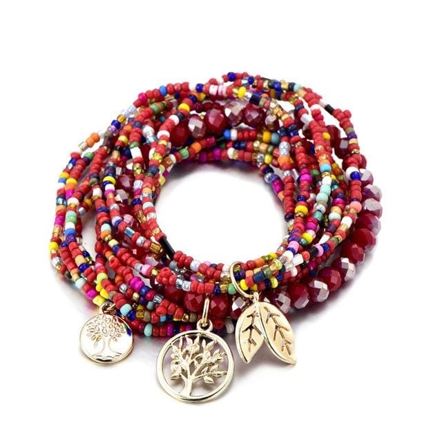 Bohemian Style Life of Tree Leaves Charm Beads Bracelets Women Multilayer Crystal Seed Bead Bracelet (Red)