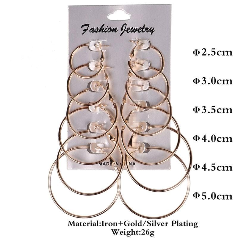 6 Pairs/Set Women Steampunk Fashion Circle Hoop Earrings (Glod)