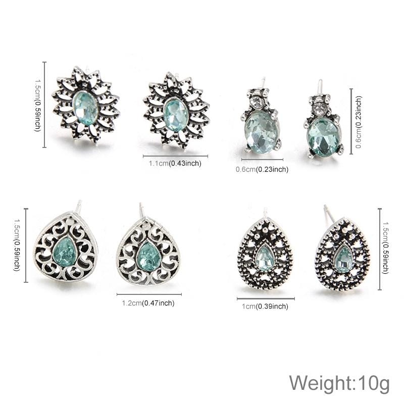 4 Pairs Boho Style Sparkling Jewelry Sapphire-shape Earring Stud Set (Silver)