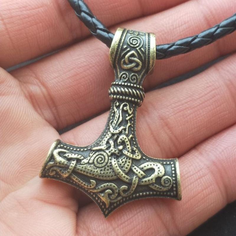 Mjolnir Pendant Viking Protective Talisman Hammer Necklace (Bronze Pendant Leather Cord)