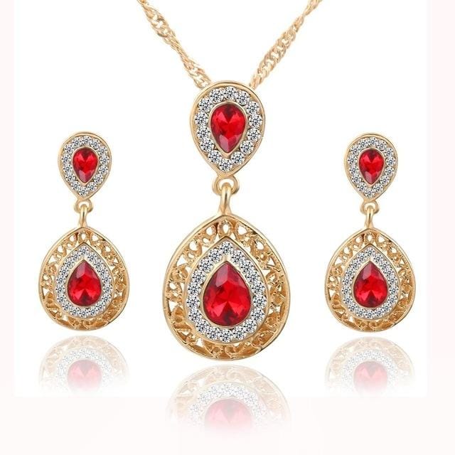 Women Crystal Water Drop Pendant Necklaces Earrings Sets (Red)