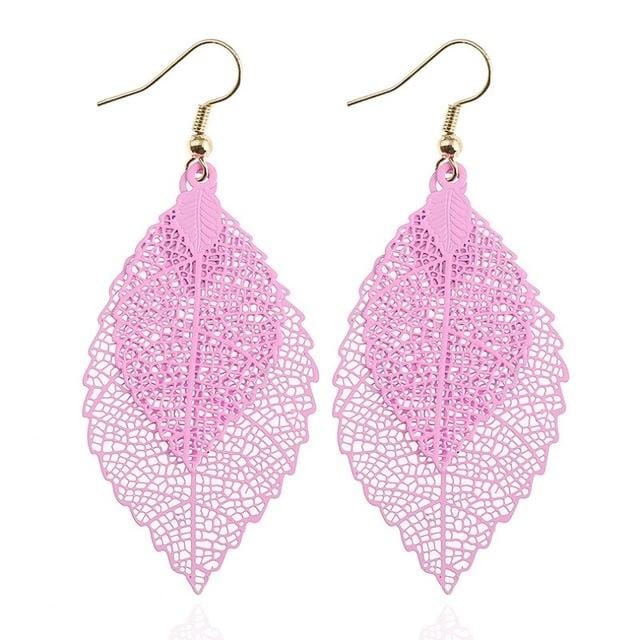 Double-layered Leaves Tassel Earrings Simple Retro Metal Leaf-ears Ornaments (Pink)