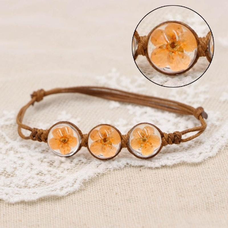 Lucky Handmade Woven Dried Flower Glass Beads Bracelets (Yellow)